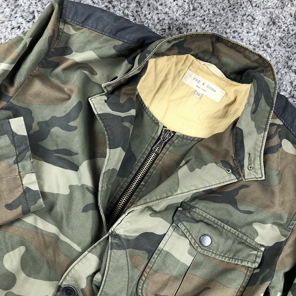 Rag & Bone Jacket Mens 38 Green Camo Canvas Field Military Zip Pockets Lined